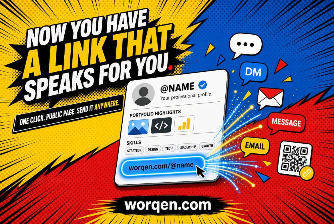 One click in your profile gives you a public page with your name on it, ready to send anywhere